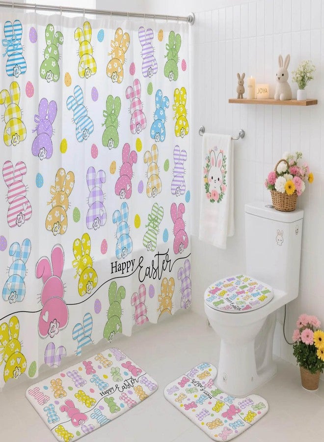 Mocsicka Easter Bunny Shower Curtain Set for Bathroom, 4Pcs Happy Easter Rabbit Bathroom Sets with Non Slip Rugs, Toilet Lid Cover, Bath Mat, Shower Curtain, Bathroom Decor with 12 Hooks - Image 3
