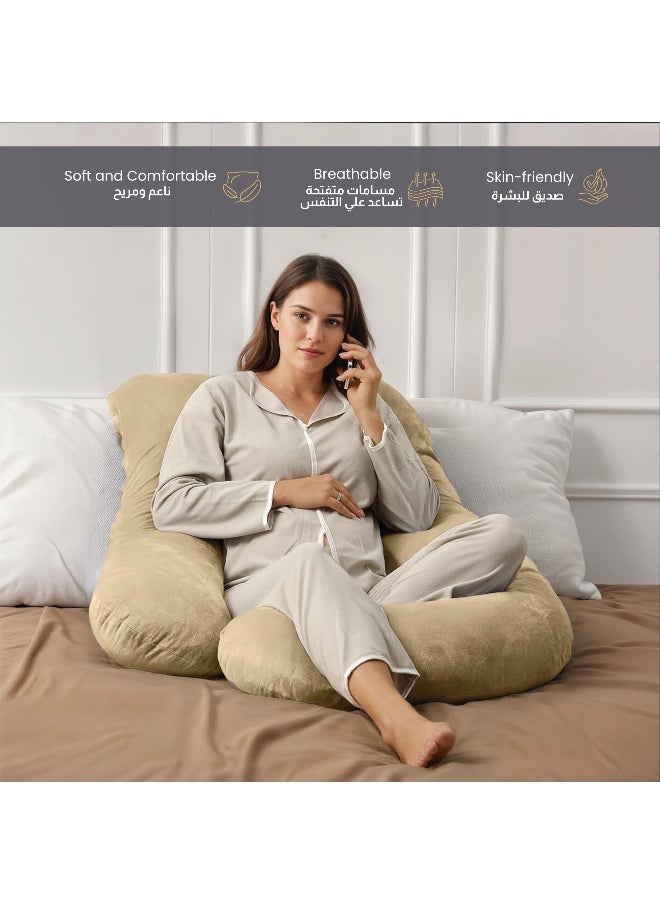 Rest Premium Velvet G Shaped Pregnancy Pillow 70X140Cm Maternity Full Body Pillow For Pregnant Women For Back , Hip , Neck And Knee Support With Removal Cover , Beige  - Image 4