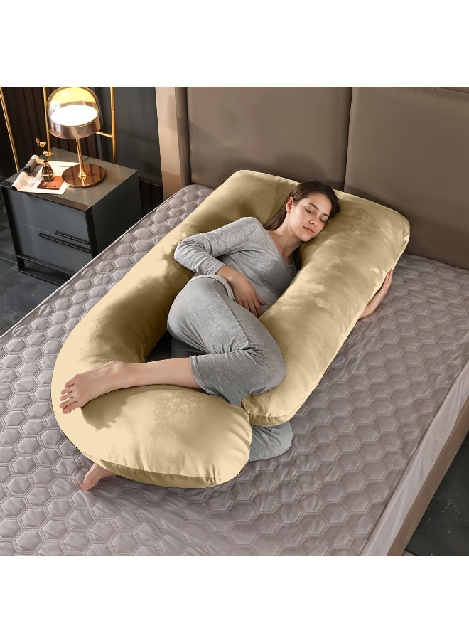 Rest Premium Velvet G Shaped Pregnancy Pillow 70X140Cm Maternity Full Body Pillow For Pregnant Women For Back , Hip , Neck And Knee Support With Removal Cover , Beige  - Image 1