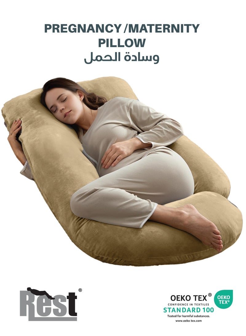 ريست وسادة حمل مخملية فاخرة على شكل حرف G مقاس 70 × 140 سم وسادة حمل كاملة للجسم للنساء الحوامل لدعم الظهر والورك والرقبة والركبة مع غطاء قابل للإزالة، بيج - Image 1