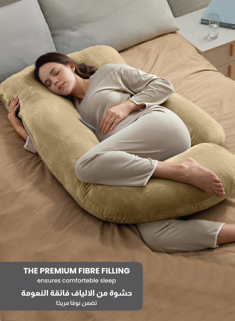 ريست وسادة حمل مخملية فاخرة على شكل حرف G مقاس 70 × 140 سم وسادة حمل كاملة للجسم للنساء الحوامل لدعم الظهر والورك والرقبة والركبة مع غطاء قابل للإزالة، بيج - Image 5