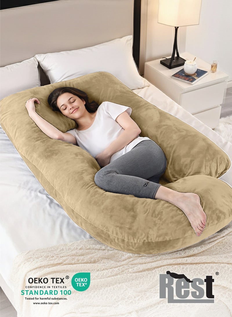 ريست وسادة حمل مخملية فاخرة على شكل حرف G مقاس 70 × 140 سم وسادة حمل كاملة للجسم للنساء الحوامل لدعم الظهر والورك والرقبة والركبة مع غطاء قابل للإزالة، بيج - Image 2