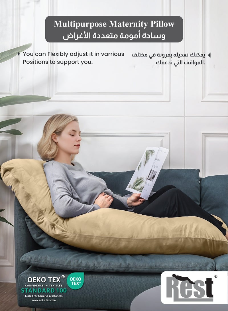 ريست وسادة حمل مخملية فاخرة على شكل حرف G مقاس 70 × 140 سم وسادة حمل كاملة للجسم للنساء الحوامل لدعم الظهر والورك والرقبة والركبة مع غطاء قابل للإزالة، بيج - Image 4