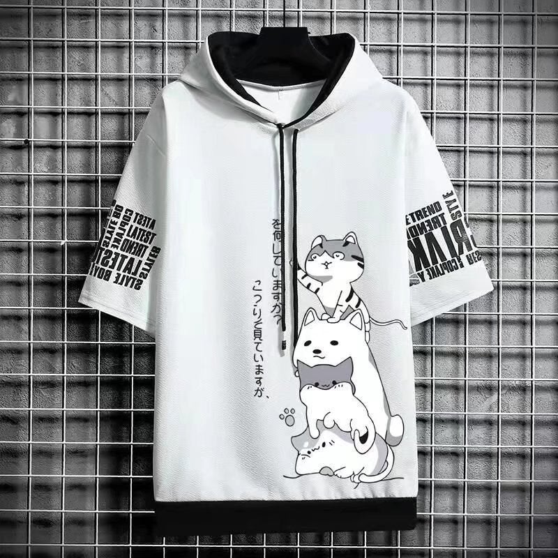 2022 Summer Mens Hooded Short Sleeve Sweatshirt Casual Solid Color Tee Yellow  - Image 4