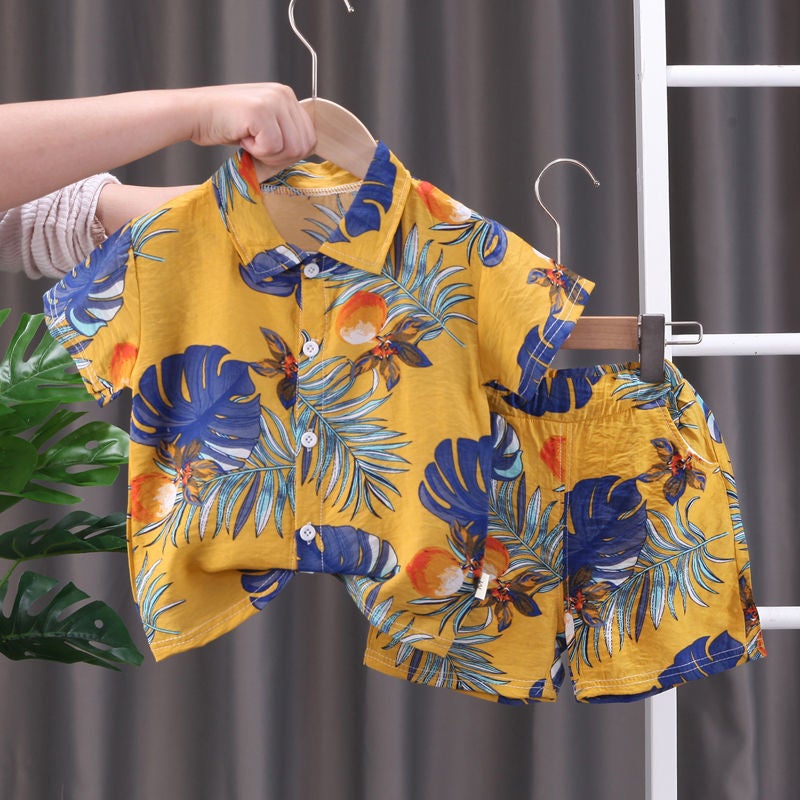 Generic Boys Short-sleeved Floral Shirt Childrens Summer Beach Shirt and Shorts Two-piece 2024 New Fashionable Baby Clothes 8-Yellow 