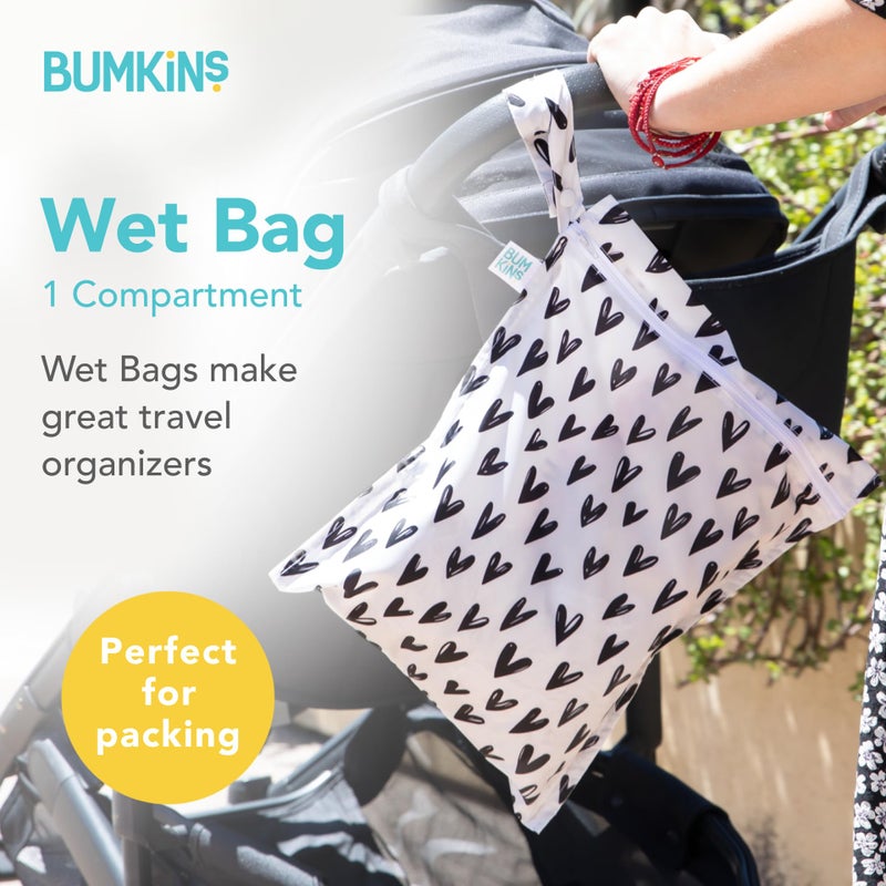 Bumkins Waterproof Wet Bag for Baby, Travel, Swim Suit, Cloth Diapers, Pump Parts, Pool, Gym Clothes, Toiletry, Strap to Stroller, Daycare, Zipper Reusable Bag, Wetdry Packing Pouch, Black Hearts - Image 2