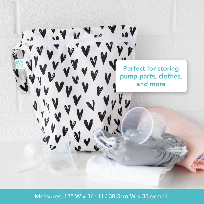 Bumkins Waterproof Wet Bag for Baby, Travel, Swim Suit, Cloth Diapers, Pump Parts, Pool, Gym Clothes, Toiletry, Strap to Stroller, Daycare, Zipper Reusable Bag, Wetdry Packing Pouch, Black Hearts - Image 5