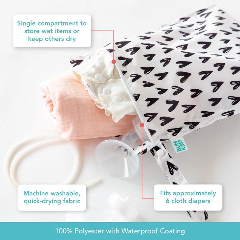 Bumkins Waterproof Wet Bag for Baby, Travel, Swim Suit, Cloth Diapers, Pump Parts, Pool, Gym Clothes, Toiletry, Strap to Stroller, Daycare, Zipper Reusable Bag, Wetdry Packing Pouch, Black Hearts - Image 3