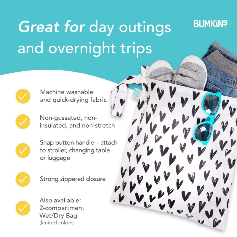 Bumkins Waterproof Wet Bag for Baby, Travel, Swim Suit, Cloth Diapers, Pump Parts, Pool, Gym Clothes, Toiletry, Strap to Stroller, Daycare, Zipper Reusable Bag, Wetdry Packing Pouch, Black Hearts - Image 4
