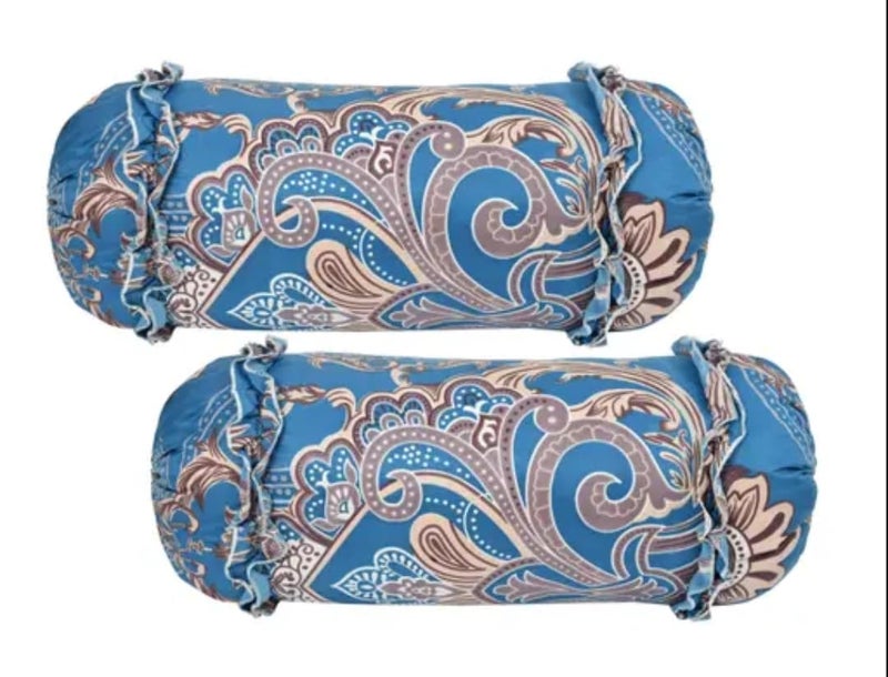 JBTC Premium Home/Hotel Multi Floral Print Frilled Bolster Covers|Round Bedside Long Pillow Cover|Dewan Pillow Cover Set |Bolster Cover Set of 2 Pcs (Blue - Orange) - Image 3