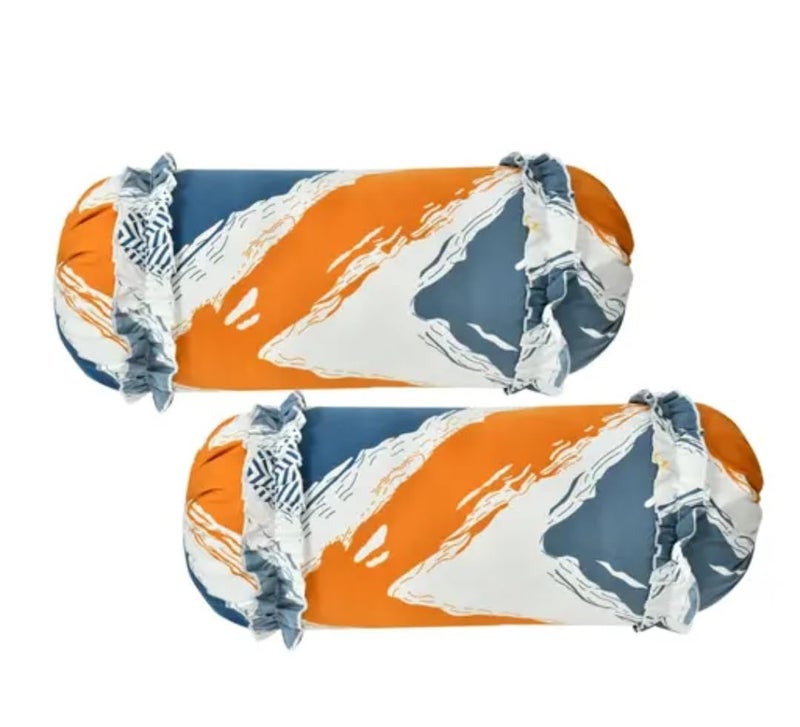 JBTC Premium Home/Hotel Multi Floral Print Frilled Bolster Covers|Round Bedside Long Pillow Cover|Dewan Pillow Cover Set |Bolster Cover Set of 2 Pcs (Blue - Orange) - Image 2