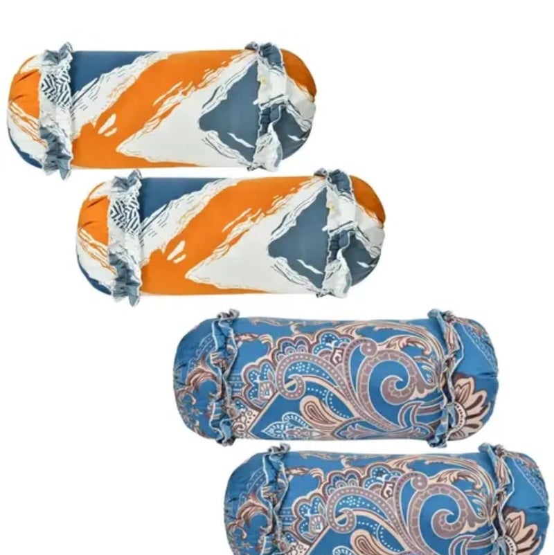 JBTC Premium Home/Hotel Multi Floral Print Frilled Bolster Covers|Round Bedside Long Pillow Cover|Dewan Pillow Cover Set |Bolster Cover Set of 2 Pcs (Blue - Orange) - Image 1