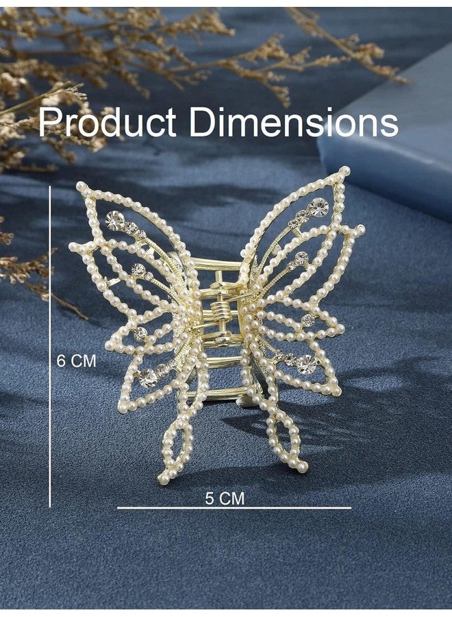 Blubby White Pearl Butterfly Hair Claw Clips with Tassel Metal Pearl Nonslip Clamps Styling Accessories for Thick Long Hair Women & Girl, Ideal for Party & Wedding, Pack of 1 - Image 3
