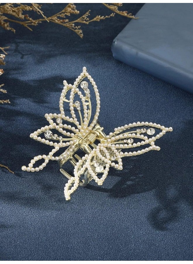 Blubby White Pearl Butterfly Hair Claw Clips with Tassel Metal Pearl Nonslip Clamps Styling Accessories for Thick Long Hair Women & Girl, Ideal for Party & Wedding, Pack of 1 - Image 2
