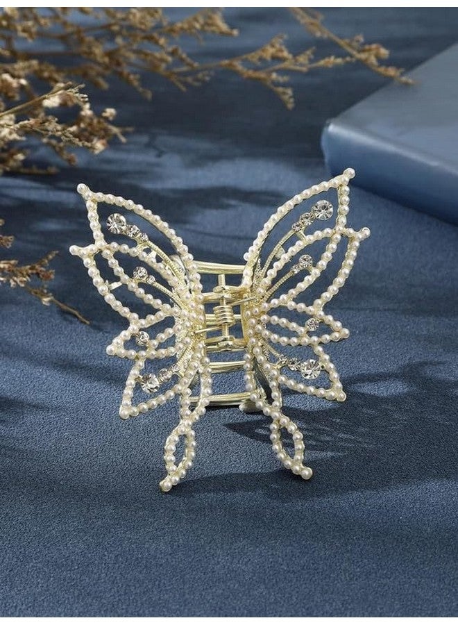 Blubby White Pearl Butterfly Hair Claw Clips with Tassel Metal Pearl Nonslip Clamps Styling Accessories for Thick Long Hair Women & Girl, Ideal for Party & Wedding, Pack of 1 - Image 1