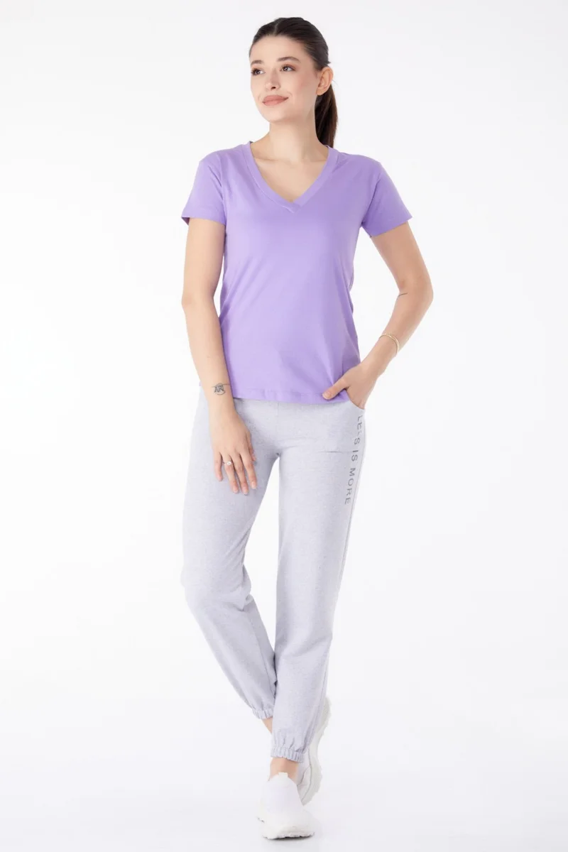 Tofisa Plain Mid Women's Lilac V Neck T-Shirt - 25326