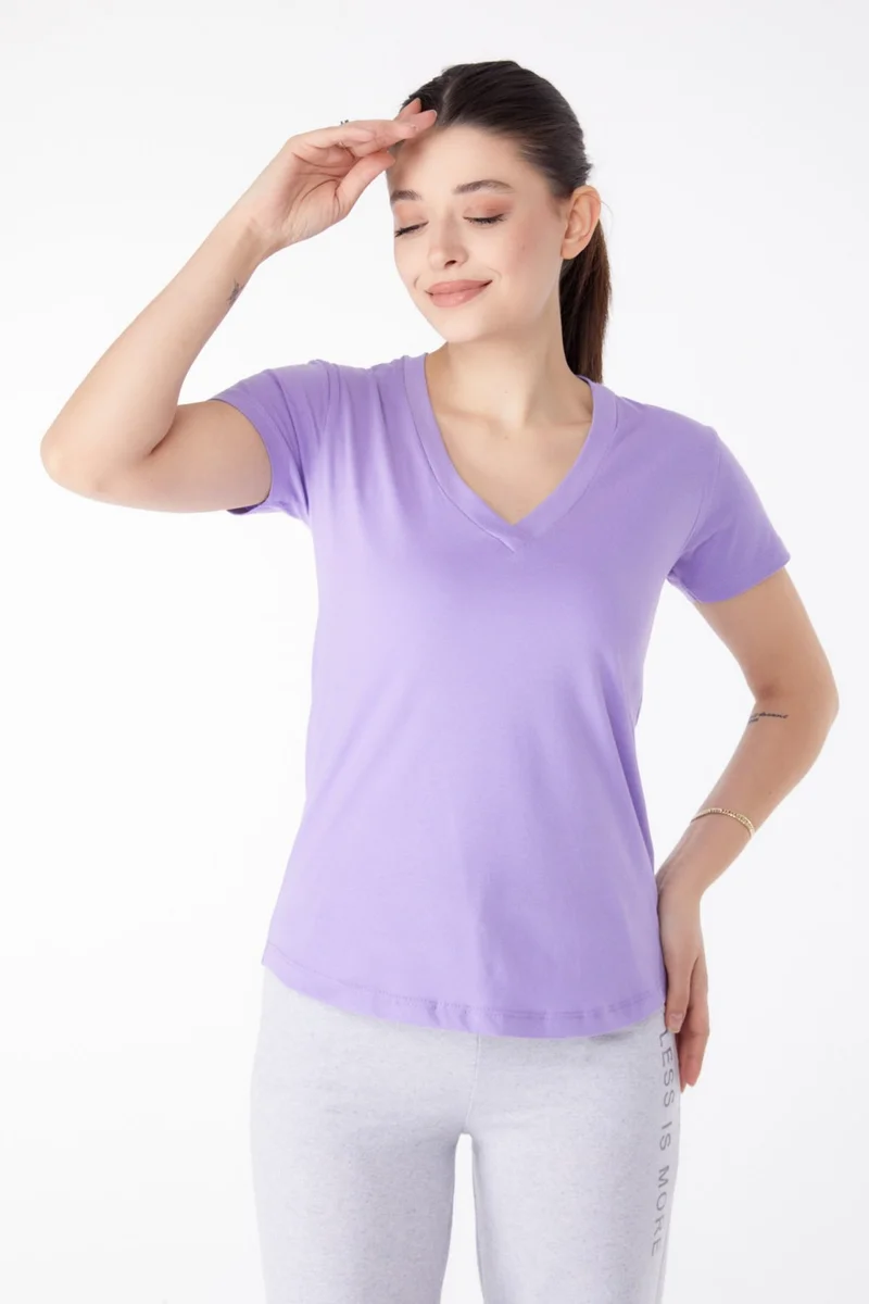 Tofisa Plain Mid Women's Lilac V Neck T-Shirt - 25326