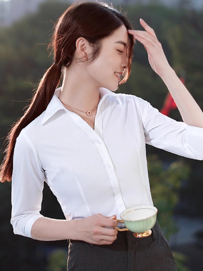 White Shirt Women'S Short-Sleeved New Cotton Shirt Professional Formal Top Work Clothing Business Work Clothes Slimming Look V Neck - Image 2