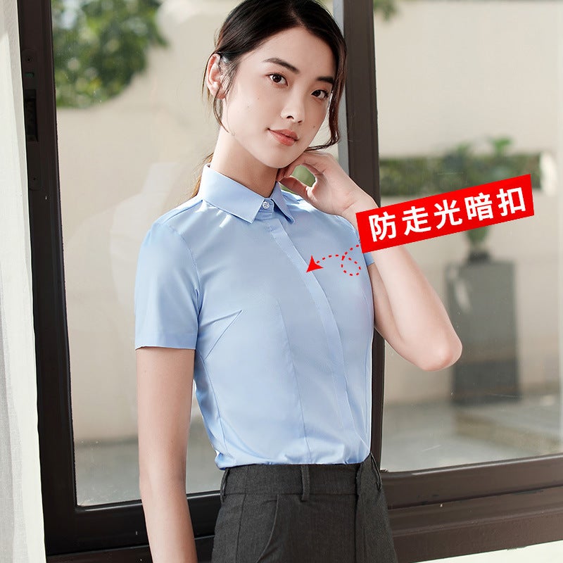 White Shirt Women'S Short-Sleeved New Cotton Shirt Professional Formal Top Work Clothing Business Work Clothes Slimming Look V Neck - Image 1