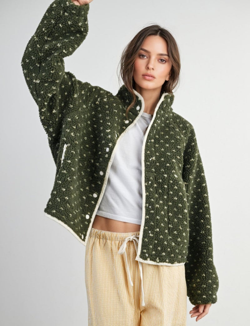 Meyhad Women's Fleece Jacket Button Down Lapel Collar Sherpa Jackets Long Sleeve Contrast Quilted Outerwear(1006-DarkGreen-S) - Image 2