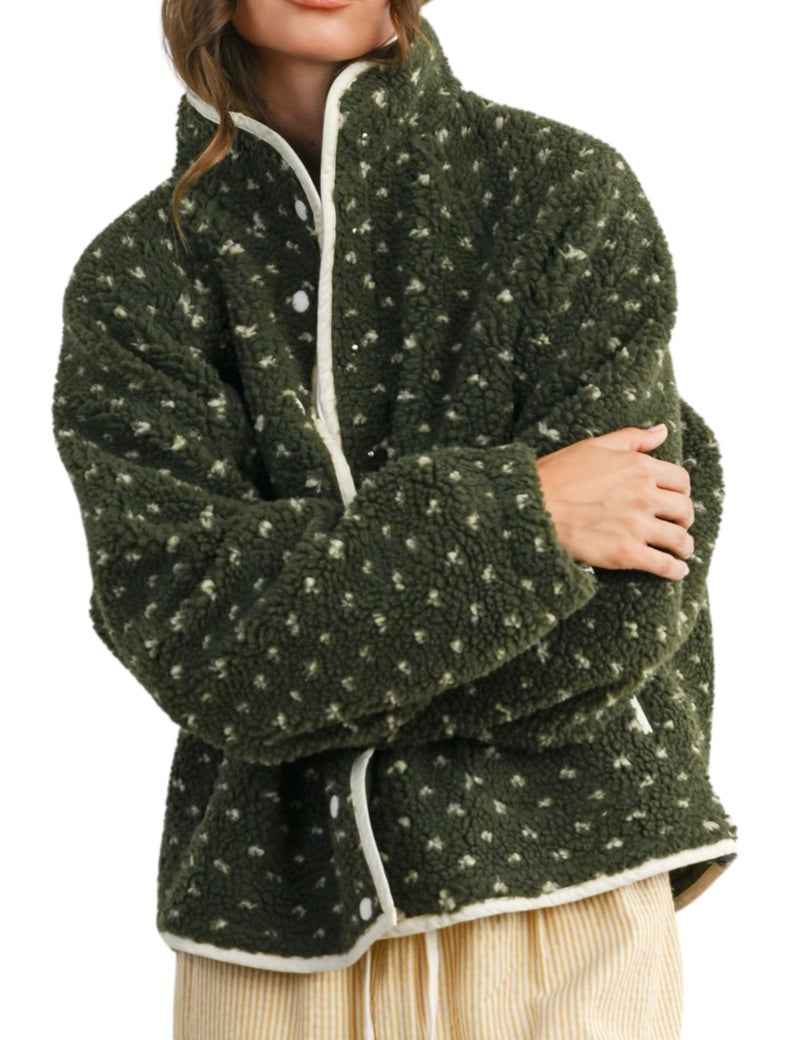 Meyhad Women's Fleece Jacket Button Down Lapel Collar Sherpa Jackets Long Sleeve Contrast Quilted Outerwear(1006-DarkGreen-S) - Image 1