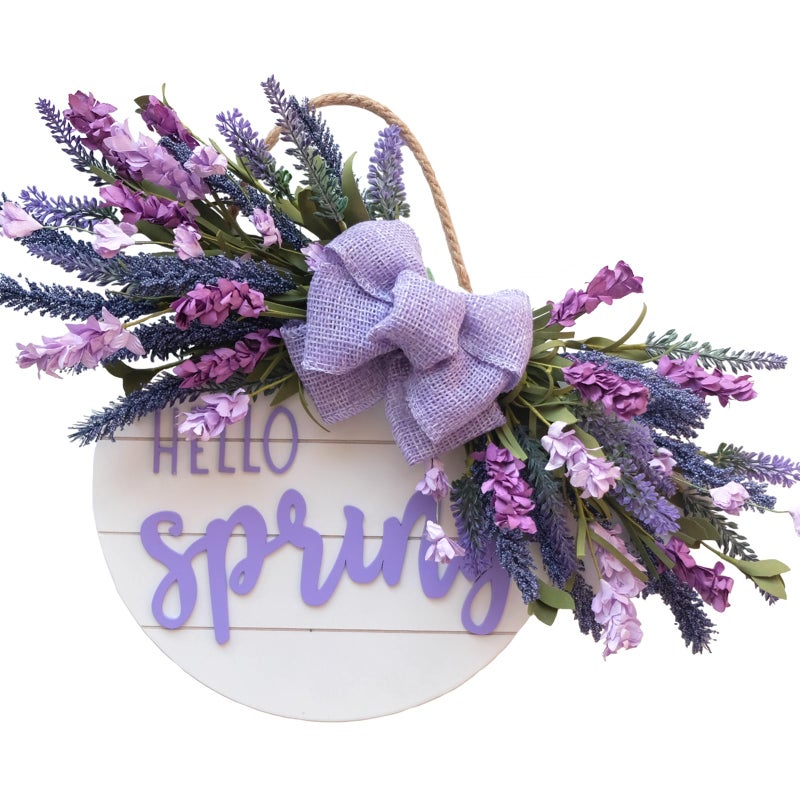 Idyllic Hello Spring Sign Wreath for Front Door, Lavender and Purple Flower Cluster Wooden Wreath for Farmhouse Wall Outdoor Indoor/Outdoor Spring Season Hanging Wall Decor - Image 1
