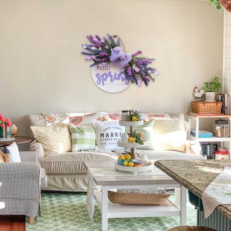 Idyllic Hello Spring Sign Wreath for Front Door, Lavender and Purple Flower Cluster Wooden Wreath for Farmhouse Wall Outdoor Indoor/Outdoor Spring Season Hanging Wall Decor - Image 5