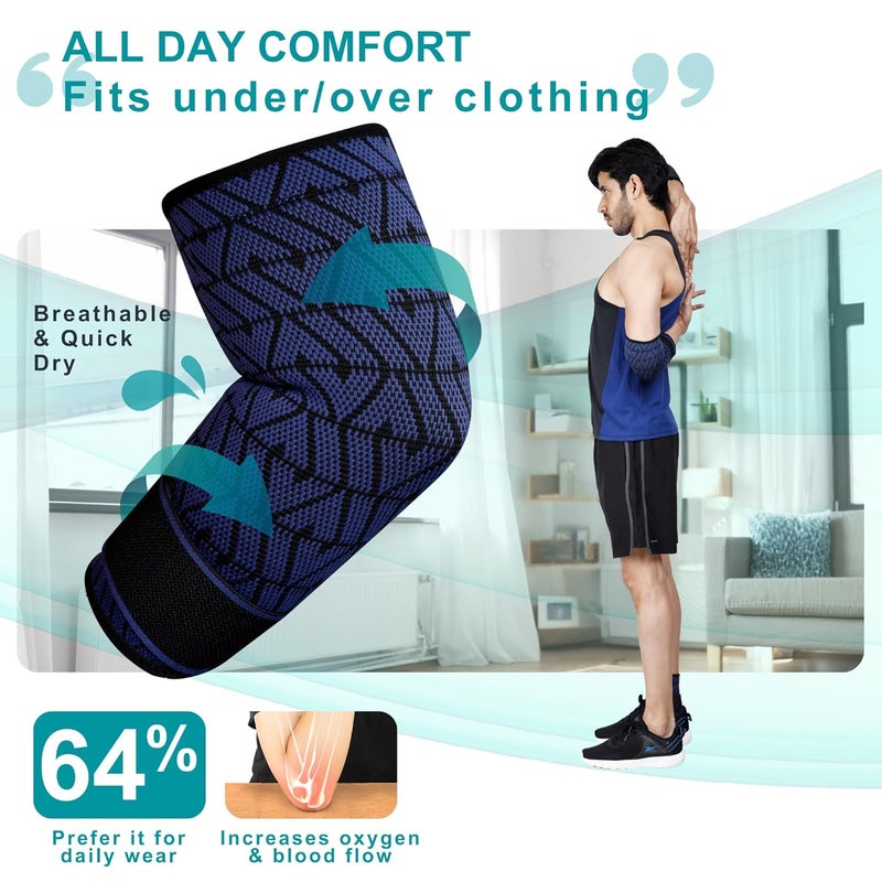 DR. FITZY 1 Pair Elbow Support for Gym Workout, 3d Compression Tennis Elbow Band for Men and Women, Elbow Sleeves for Gym with Arm Band and Anti Slip Grip, 2 Units Elbow Cap Brace for Pain Relief (Blue, S) - Image 4
