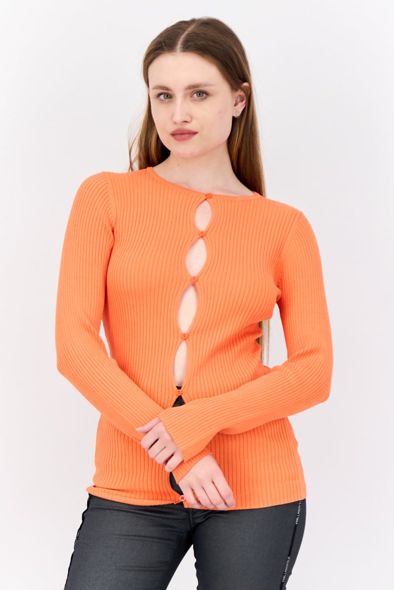 Collusion Women Round Neck Long Sleeve Knitted Cardigan, Orange - Image 1