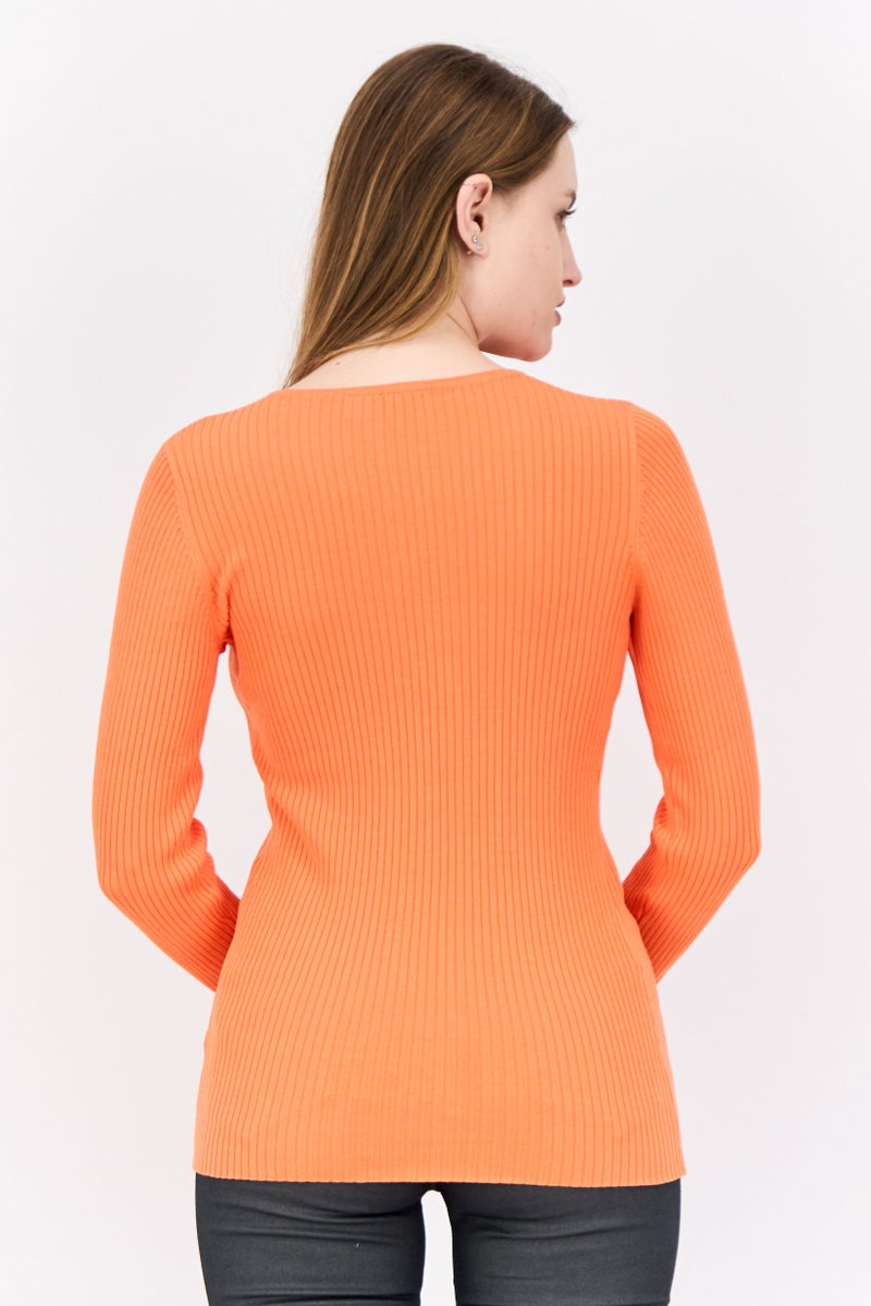 Collusion Women Round Neck Long Sleeve Knitted Cardigan, Orange - Image 3