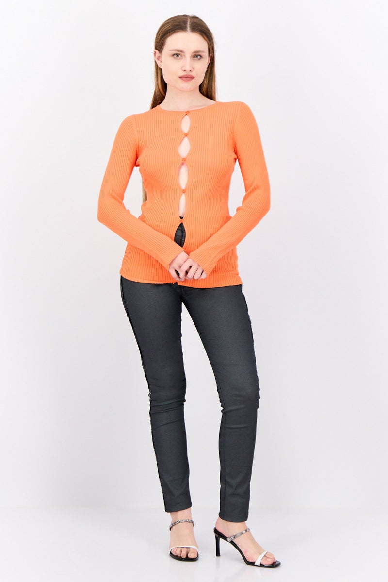 Collusion Women Round Neck Long Sleeve Knitted Cardigan, Orange - Image 2