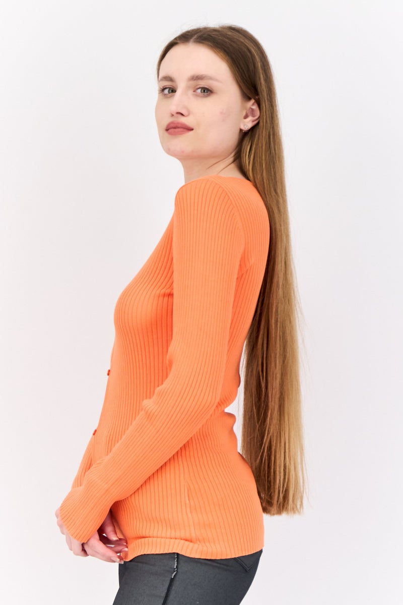 Collusion Women Round Neck Long Sleeve Knitted Cardigan, Orange - Image 2