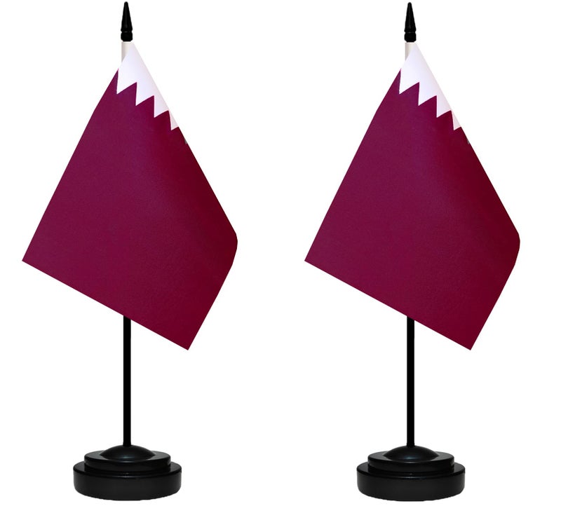 tibijoy Qatar Qataris Small Mini Desk Flag Set Miniature Qatar Qataris Table Office Flag with 13 Black Pole Black Base Miniature Qatar Deluxe Desktop Flag2 Pack - Image 2