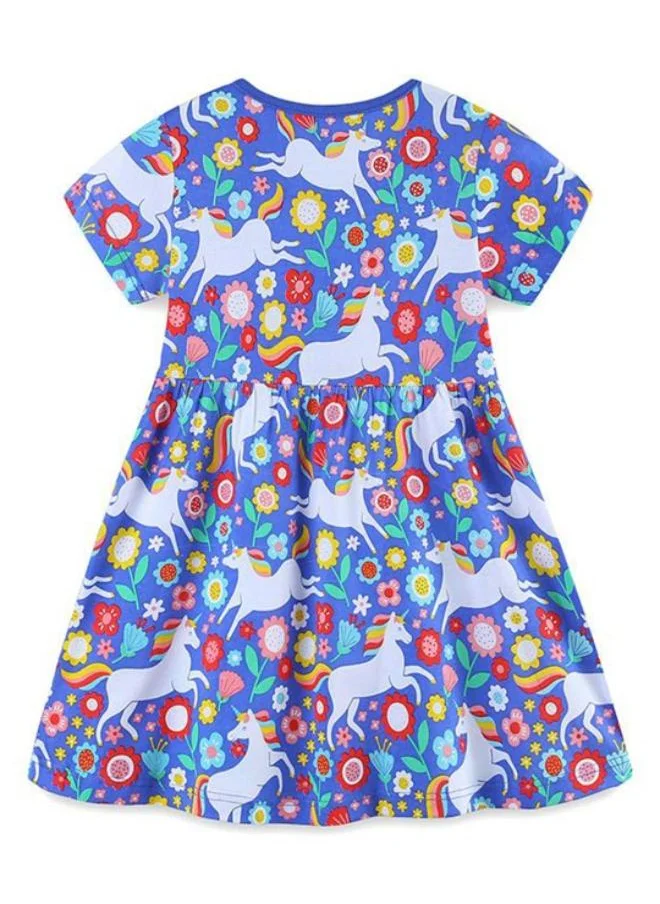 YUNIQEE Blue Fit & Flare Crew Neck Printed Dress