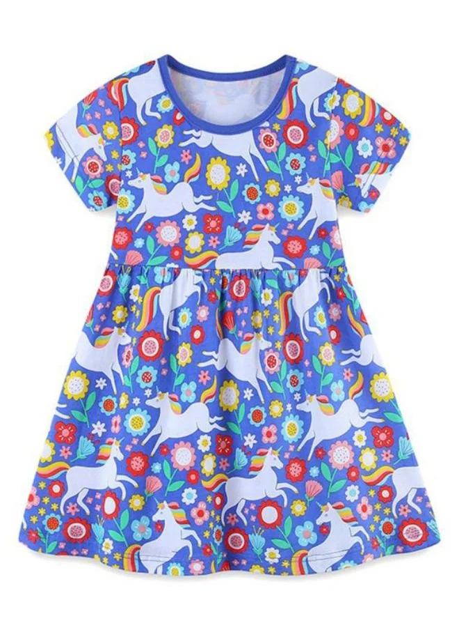 YUNIQEE Blue Fit & Flare Crew Neck Printed Dress