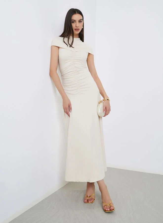 Take Two Take Two Cream Ruched Maxi Dress with Cape Sleeve