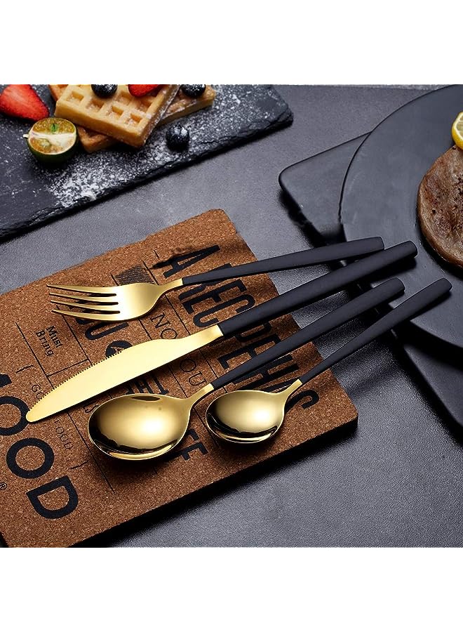 KASTWAVE Cutlery Set, Royal 4 Piece Matte Black Gold Stainless Steel Tableware Sets for 1 Including Forks Spoons Knives, Camping Silverware Travel Utensils Set Cutlery (Black Gold) - Image 1