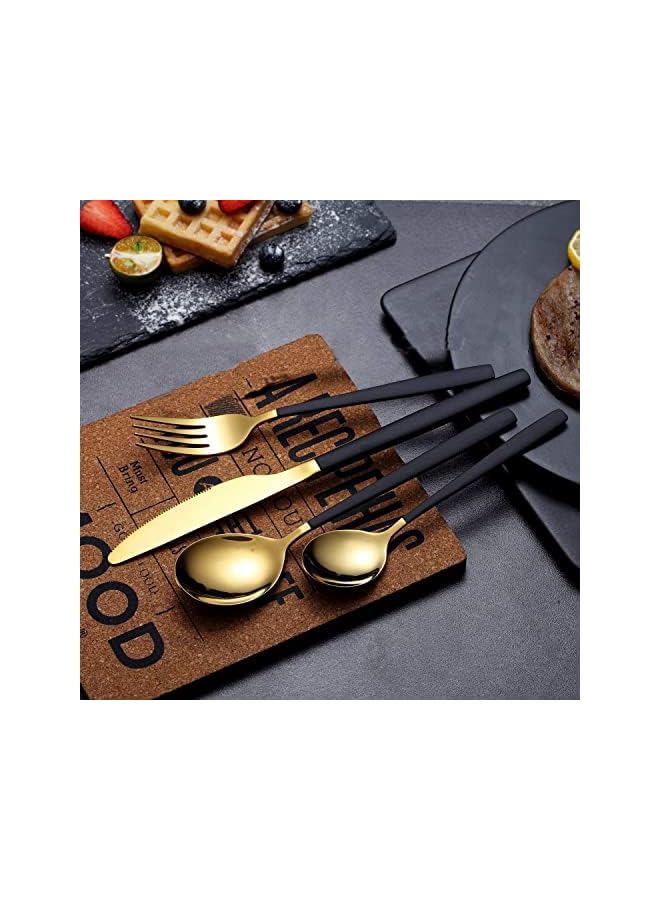 KASTWAVE Cutlery Set, Royal 4 Piece Matte Black Gold Stainless Steel Tableware Sets for 1 Including Forks Spoons Knives, Camping Silverware Travel Utensils Set Cutlery (Black Gold) - Image 2