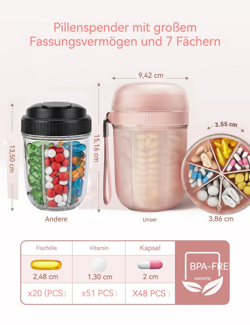 Ideerfit Large Pill Organizer with 7 Large Compartments,Pill Dispenser with Desiccant to Keep Medicines Fresh,Pill Bottle Organizer | Anti-Mixing | Light-Proof | Touch-Free,BPA-Free Vitamin Organizer,Rose Gold - Image 2