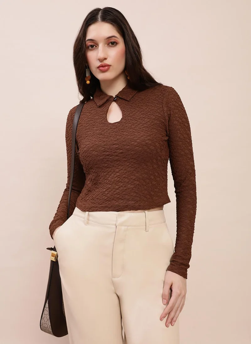 جلو باص Globus Women Brown Collared Keyhole Neck Long Sleeves Self Design Top