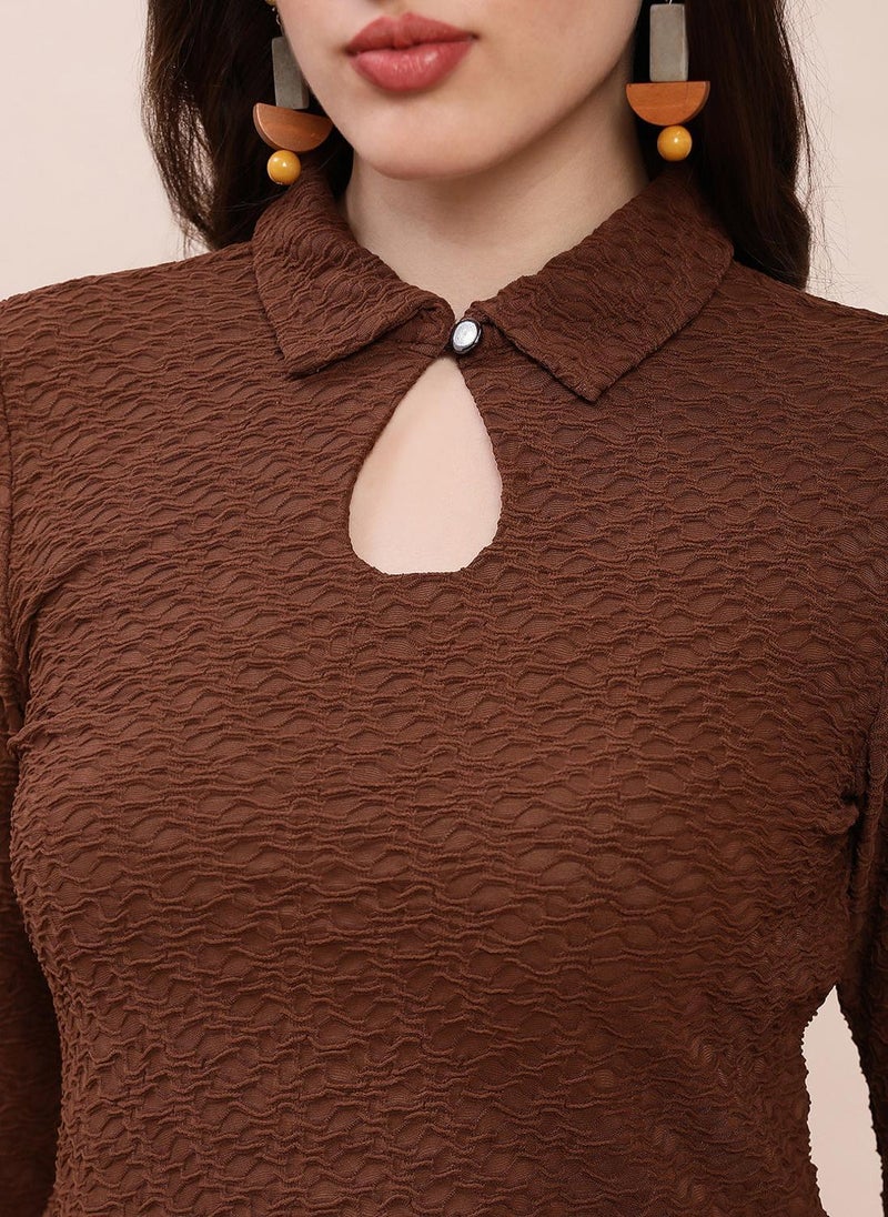 Globus Women Brown Casual Shirt with Shirt Collar and Self Design Texture - Image 5