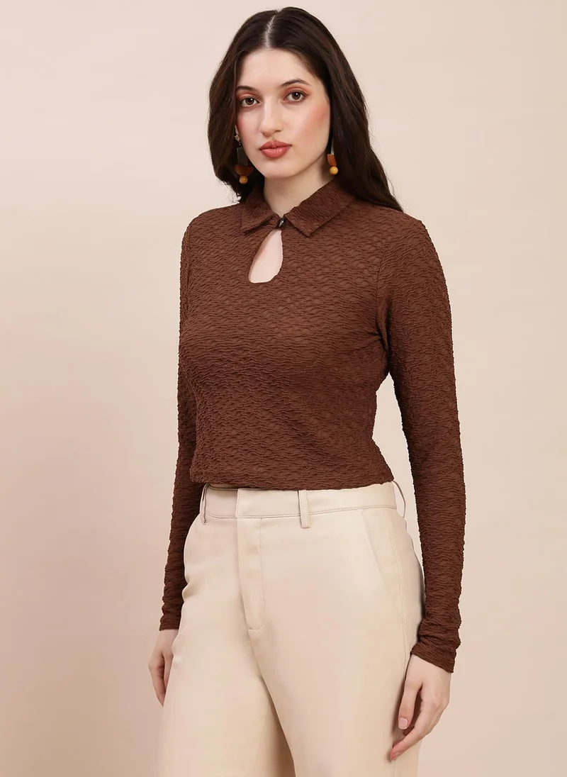 جلو باص Globus Women Brown Casual Shirt with Shirt Collar and Self Design Texture