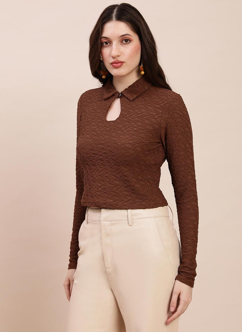 Globus Women Brown Casual Shirt with Shirt Collar and Self Design Texture - Image 1
