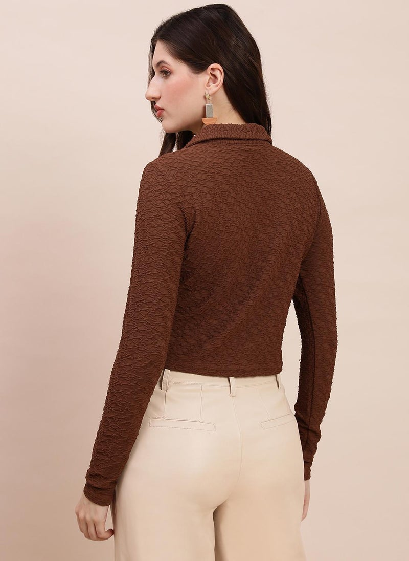 Globus Women Brown Casual Shirt with Shirt Collar and Self Design Texture - Image 4