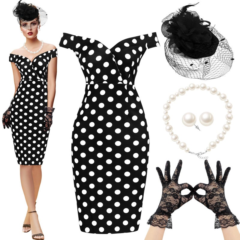 JenPen 6 Pcs Women's Vintage Polka Dot Dress Retro Pencil Dress Floral Spring Costume for Derby Tea Party Cocktail(Large, Fresh) - Image 1