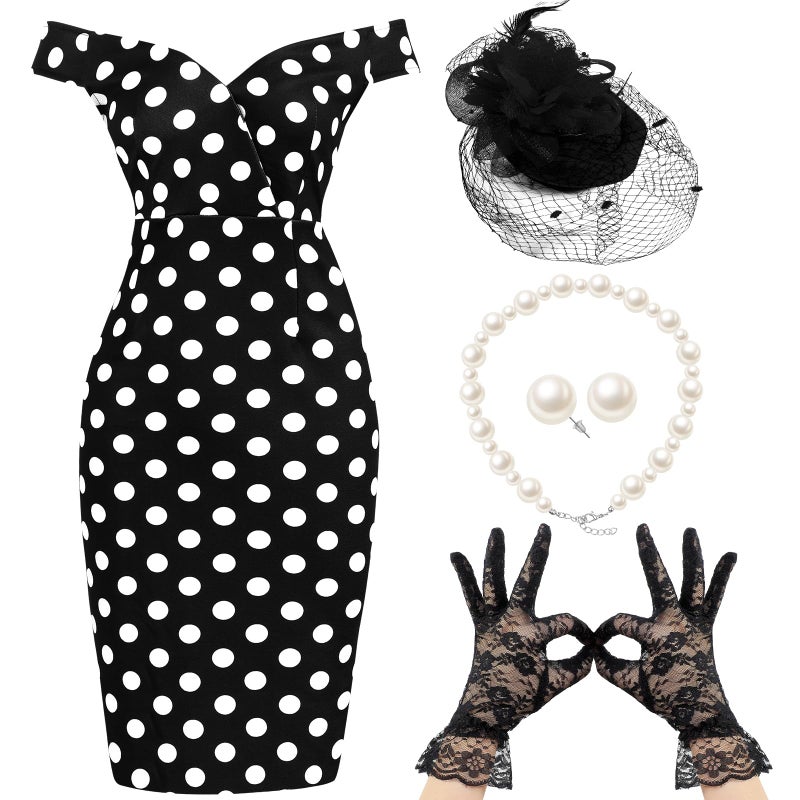 JenPen 6 Pcs Women's Vintage Polka Dot Dress Retro Pencil Dress Floral Spring Costume for Derby Tea Party Cocktail(Large, Fresh) - Image 2