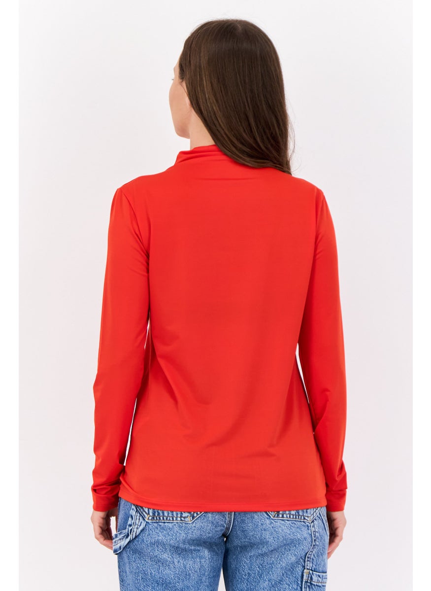 ESPRIT - Women Funnel Neck Solid Long Sleeves Top, Red - Image 1