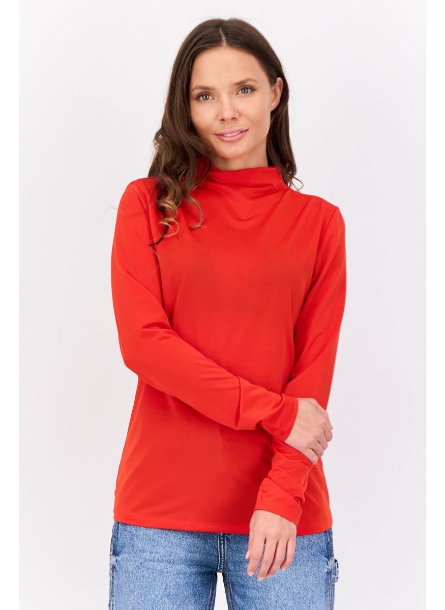 ESPRIT - Women Funnel Neck Solid Long Sleeves Top, Red - Image 1