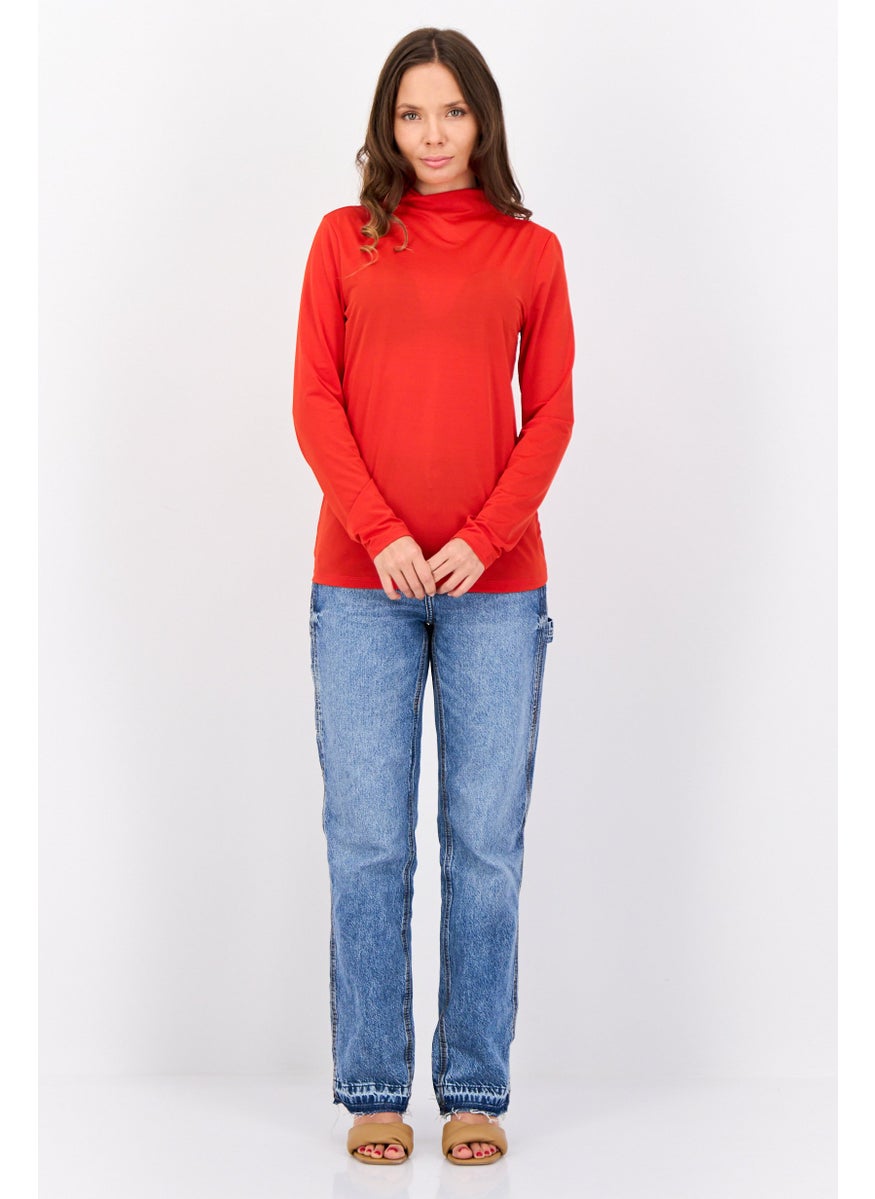 ESPRIT - Women Funnel Neck Solid Long Sleeves Top, Red - Image 1