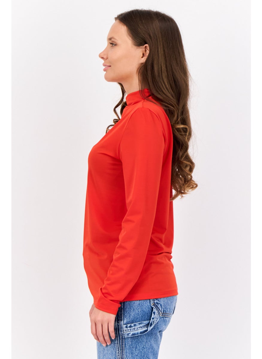ESPRIT - Women Funnel Neck Solid Long Sleeves Top, Red - Image 1